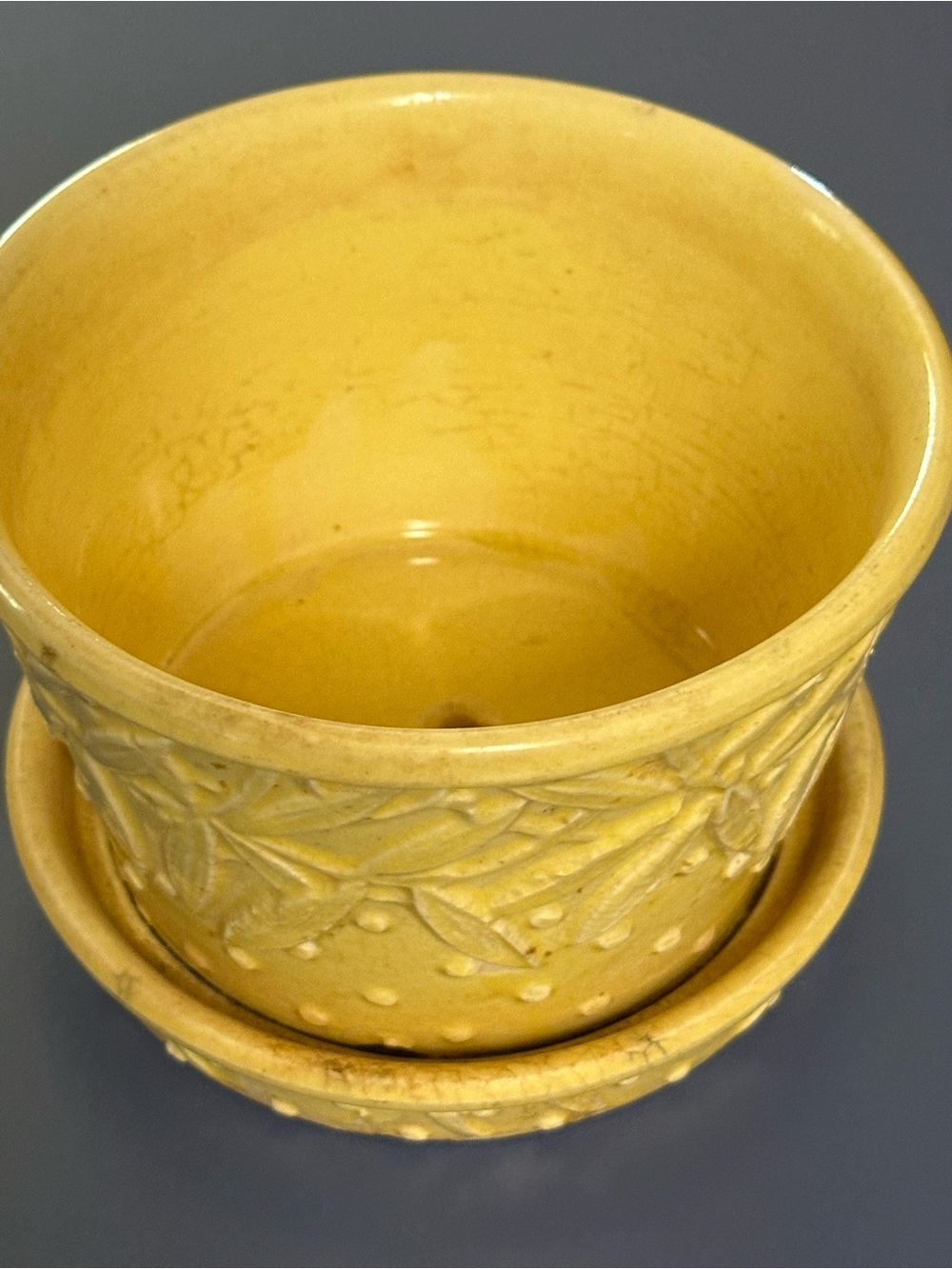 1950s McCoy Pottery "Leaves and Hobnail" yellow planter